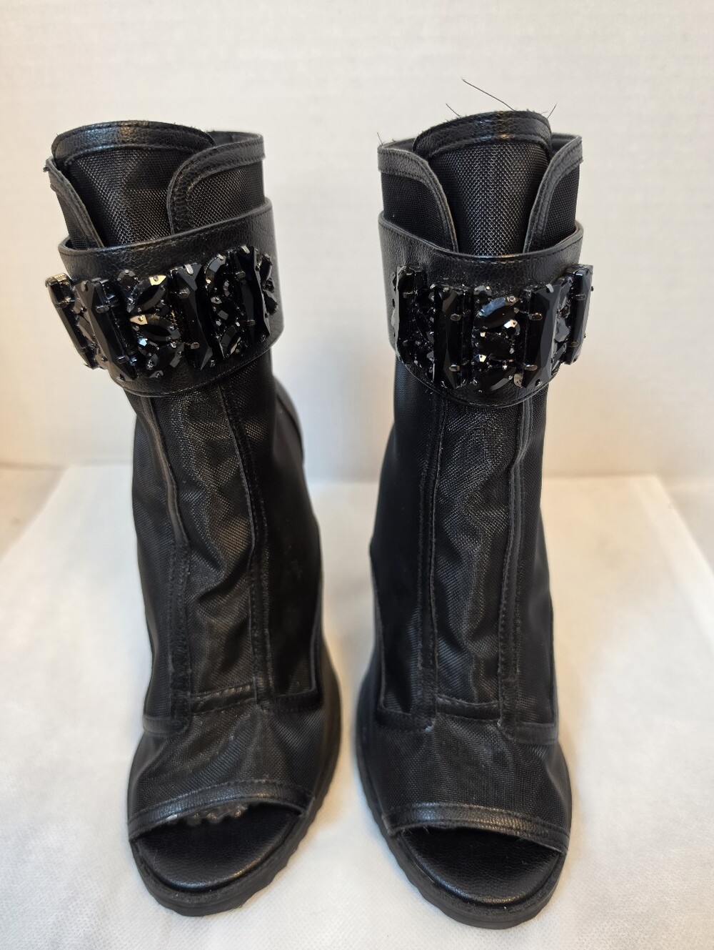 Karl Lagerfeld Paris Blayze Black Mesh Crystal Peep-Toe Booties Size 6.5